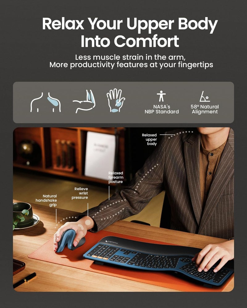 ProtoArc فأرة مريحة، EM11 NL فأرة عمودية لاسلكية، فأرة إرجو مع دعم لعدة أجهزة، فأرات قابلة لإعادة الشحن عبر USB-C لنظام ويندوز، ماك أو إس، الكمبيوتر الشخصي/الكمبيوتر المحمول، أزرق - Image 4